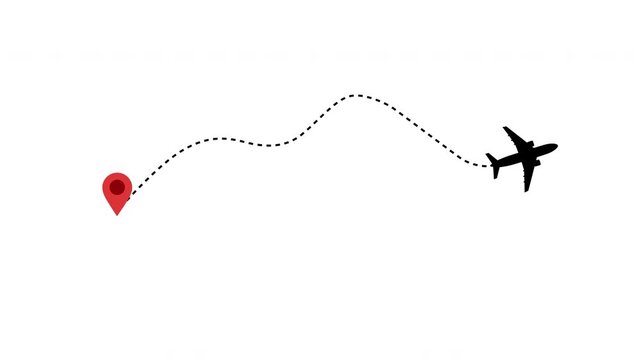 Animated airplane line path, airplane flight route with start points animation on transparent background 4K