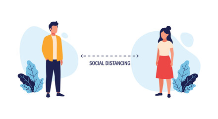 Obraz premium Man and woman practicing social distancing to prevent virus spread, standing apart with space between them for protection.