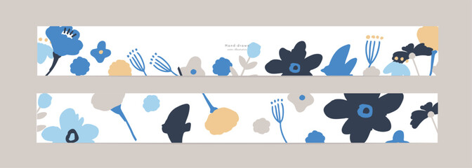 北欧風花と草木のポストカードテンプレート。バナー風植物背景。かわいい北欧柄。Scandinavian style flowers and grass postcard template. Banner style plant background. Cute Scandinavian pattern.
