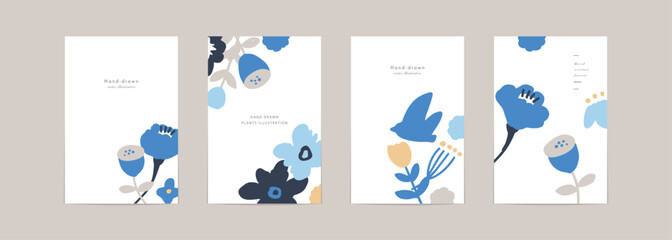 北欧風花と草木のポストカードテンプレート。バナー風植物背景。かわいい北欧柄。Scandinavian style flowers and grass postcard template. Banner style plant background. Cute Scandinavian pattern.