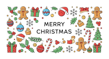 Naklejka premium Merry Christmas banner with a collection of colorful holiday doodles including gingerbread men, gifts, and ornaments on white.