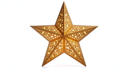 Obraz premium Golden LED star light, intricately designed with laser-cut patterns, glowing warmly, isolated on a white background, perfect for festive decoration and elegant ambiance