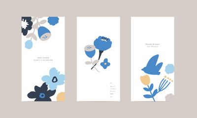 北欧風花と草木のポストカードテンプレート。バナー風植物背景。かわいい北欧柄。Scandinavian style flowers and grass postcard template. Banner style plant background. Cute Scandinavian pattern.