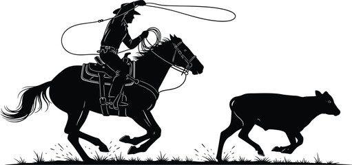 Black silhouette illustration of a cowboy on a galloping horse attempting to rope a calf with a lasso, depicting a dynamic western rodeo and ranch scene. © Bablu