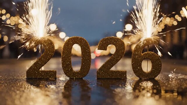 Golden 2026 new year celebration with sparkling fireworks and blurred city lights in background