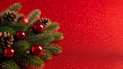 Christmas Tree Branches with Red Ornaments.