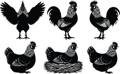 Collection of Chicken Silhouettes Depicting Roosters and Hens Standing, Sitting on a Nest, and Roosters with Wings Spread, Ideal for Farming and Poultry Themes © World_Of_Vector
