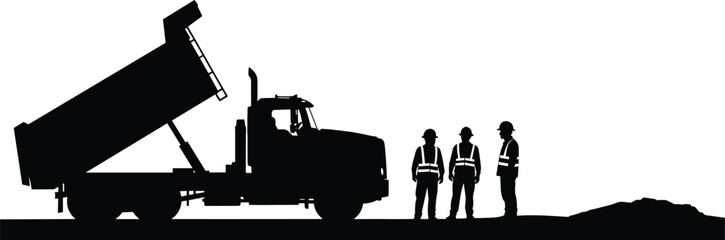 Heavy dump truck silhouette unloading material with three construction workers standing nearby on a job site, isolated on a white background vector. © Bablu
