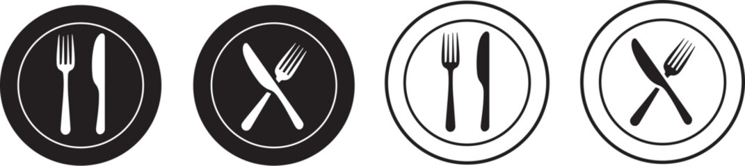 Plate with Fork and Knife Icon Set &ndash; Restaurant and Food Concept