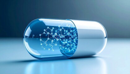 A close-up, glossy perspective of a capsule, translucent shell revealing a molecular structure. Light reflections highlight the sleek design