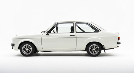 Fototapeta premium Bright studio lights perfectly highlight the sleek profile of a pristine white vintage rally inspired coupe. AI Generated