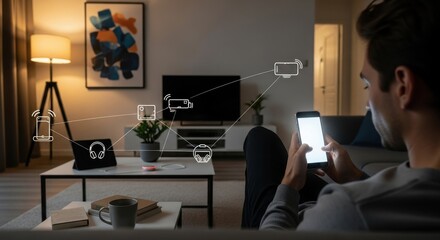 Seamless Connectivity: Man controlling smart home devices using mobile technology inside