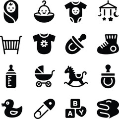 Set of black and white icons for baby items and nursery essentials Keywords: baby, child, infant