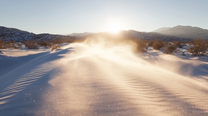 Wind blows across desert sand at sunset near mountain range in wide open space