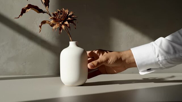 Man Arranging Dry Flower in Vase With Subtle Aesthetic Style