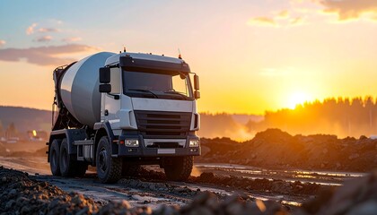 A concrete mixer truck travels along a dirt road as the sun rises, casting a warm glow. Construction site scene
