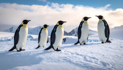 Obraz premium A stunning photo showcasing a group of penguins standing on snow with distant mountains and a cloudy blue sky