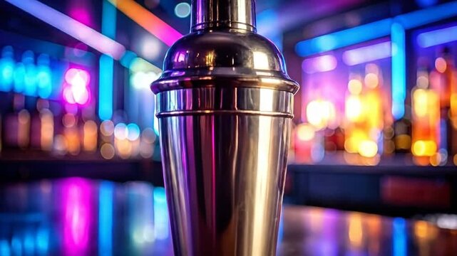 Shiny Cocktail Shaker in a Bar with Colorful Lights and Blurred Background.