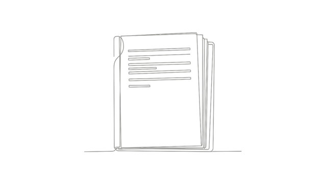 A minimalist line drawing of a stack of papers with text on a white background.