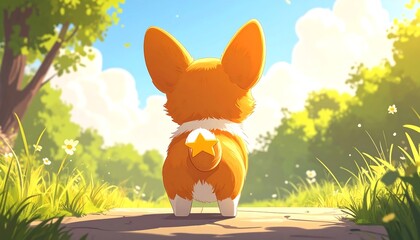 A cute, animated Pembroke Welsh Corgi with a star-shaped marking on its fluffy rear is walking on a sunny path. Sunlight filters through the trees