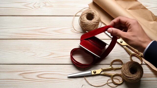 Preparing Red Ribbon and Wrapping Paper for Gift Packaging on Tabletop