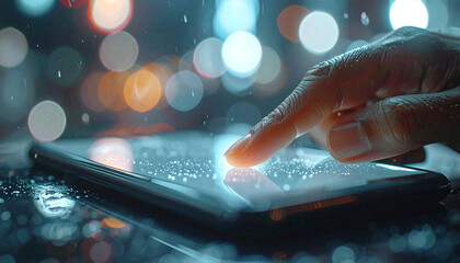 Digital Touch: A close-up shot of a finger interacting with a sleek, modern tablet, set against a backdrop of vibrant, blurred city lights.