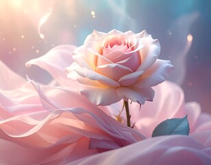 A delicate pink rose rests on flowing, soft pink fabric