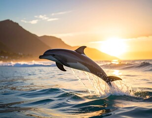 A dolphin leaps from ocean water against a beautiful sunset