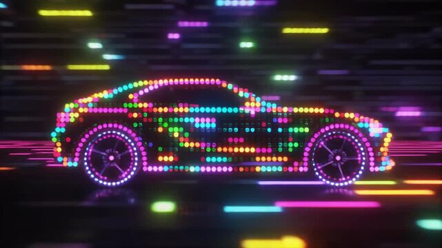 Futuristic Sports Car Rendered in Vibrant RGB Pixel Lights with Dynamic Motion Blur