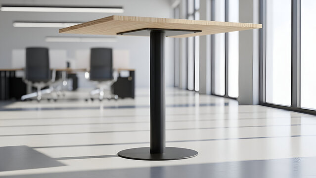 Modern Minimalist Wooden Square Table with Black Pedestal Base in Contemporary Bright Office. Ideal for Corporate Breakroom, Collaborative Workspaces, or Modern Meeting Points. - Powered by Adobe