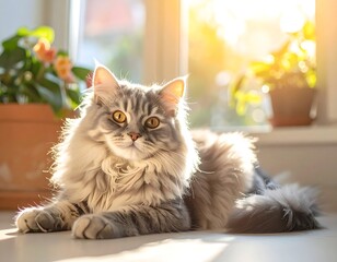 A fluffy, silver domestic cat basking in warm sunlight