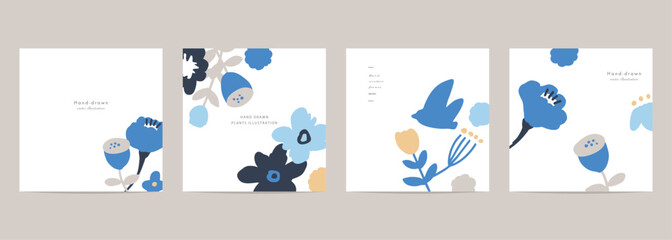 北欧風花と草木のポストカードテンプレート。バナー風植物背景。かわいい北欧柄。Scandinavian style flowers and grass postcard template. Banner style plant background. Cute Scandinavian pattern.