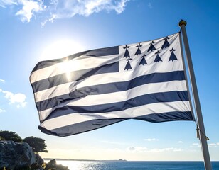 A flag with black and white stripes and emblems, waving in the sun