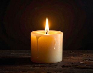 A lit, ivory-colored pillar candle with dripping wax, glowing