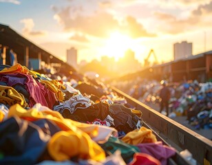A large pile of clothes sits under a bright sunset
