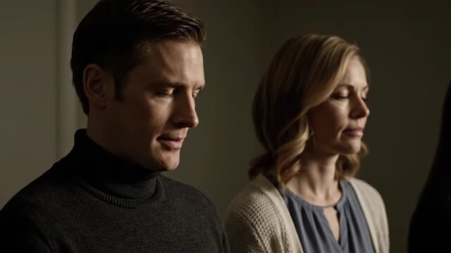 A Concerned Man and Somber Woman Share a Pensive Moment in a Dramatically Lit Room
