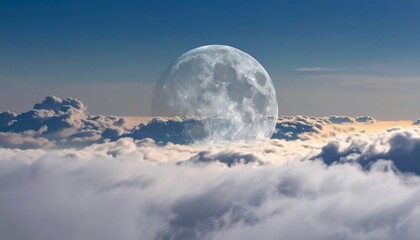 A luminous, oversized celestial body hovers behind billowy, white formations in a tranquil, clear sky. Sunlight streams, reflecting off the atmosphere