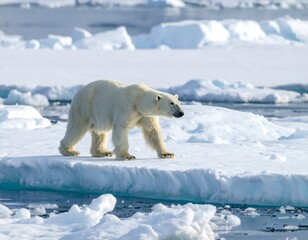 A majestic polar bear walks across a snowy ice floe