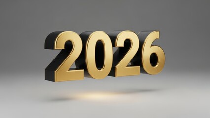 Golden and black 3d rendering of the year 2026 floating on a grey background