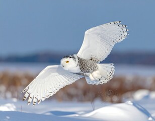 A majestic white owl in mid-flight over a snowy, frozen landscape