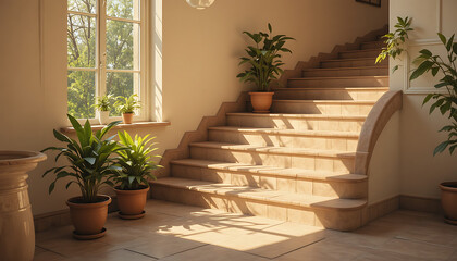 Sunlit stair landing by window with potted plants in late morning, sharp plant shadows on tile and warm neutral tones creating calm.