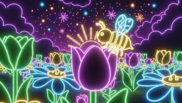 Neon glowing flowers and butterflies in a vibrant fantasy garden at night.