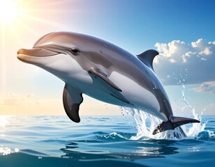 A leaping dolphin splashes in ocean sunlight against a bright blue sky