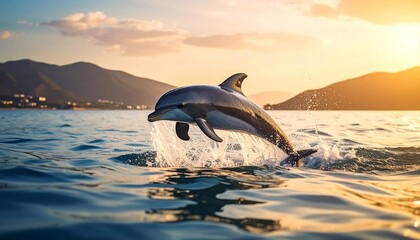 Fototapeta premium A majestic dolphin leaps out of the ocean at sunset, with mountains and clouds in the background and golden sun