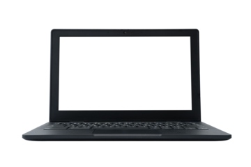 Black laptop with blank white screen isolated on white background, front view