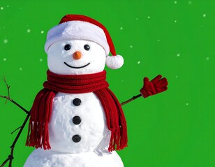 A smiling snowman wearing a hat, scarf, and mittens against a green backdrop
