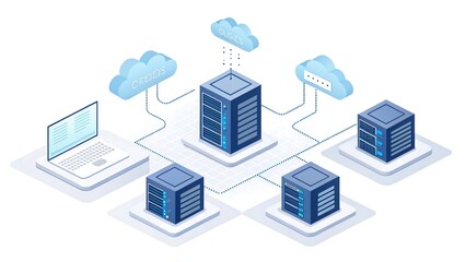 Advanced server room connectivity with cloud integration showcasing secure data transfer between servers laptops and cloud platforms for remote access and digital transformation in 200 characters