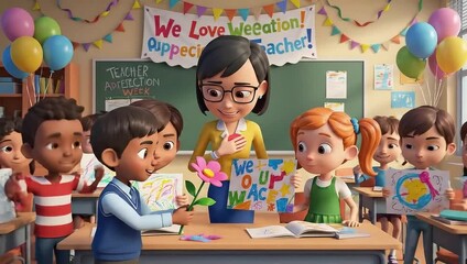 A cheerful animated teacher and her diverse students celebrate in a vibrant classroom, holding up a colorful We Love Our Teacher sign. - Powered by Adobe