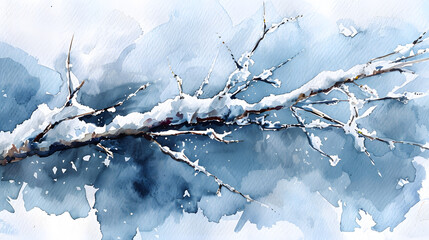 watercolor close-up snowy twig soft cold