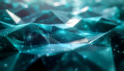 Abstract digital background with glowing teal polygons and sparkling particles, creating a futuristic technological landscape.